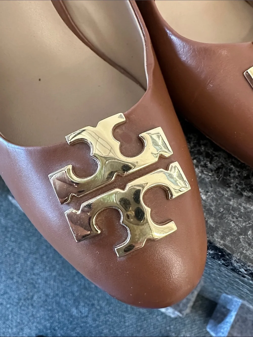 Tory Burch Brown Leather Wedges with Gold Logo
